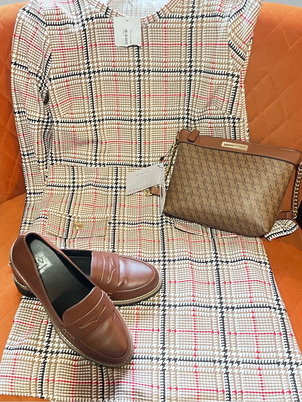 Valleygirl Tan Black White Red Houndstooth Long-sleeve Dress
